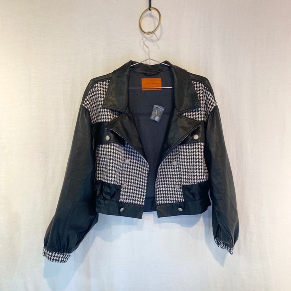 NWOT Signature 8 Houndstooth Faux Leather Jacket W's M Cropped Biker Preppy - Picture 2 of 9